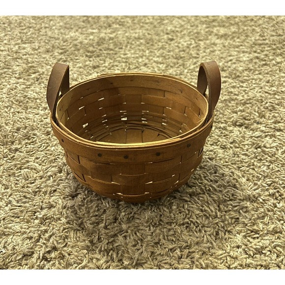 Longaberger Other - Longaberger Small Round Button Basket‎ 6.75" x 3.25" Leather Handles Signed 1985